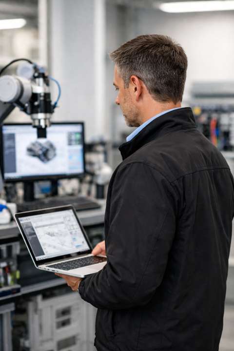 Application engineer working at a desktop workstation